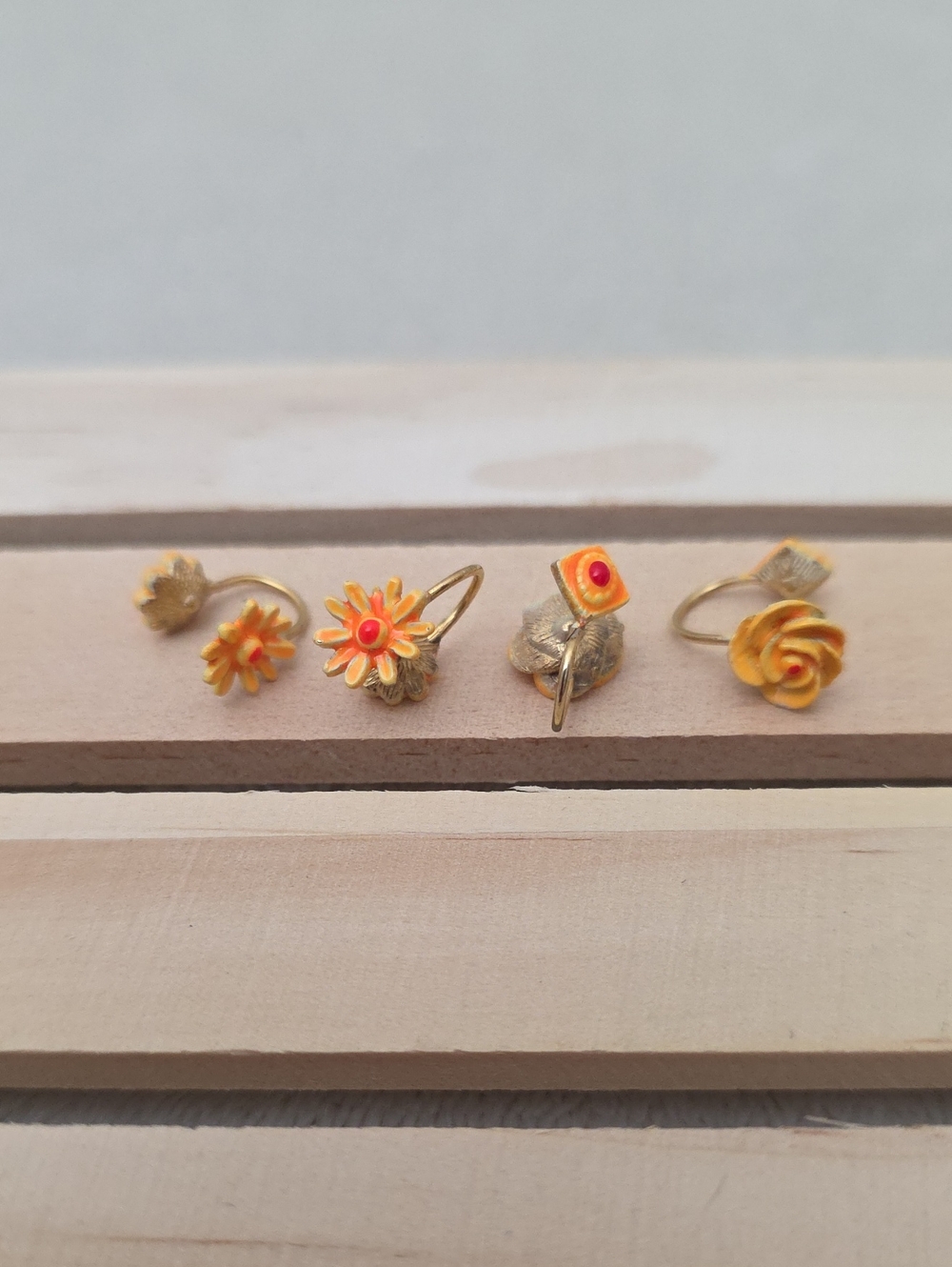 Vintage Gold Tone Enamel Floral Ear Cuff Set Yellow Orange Flower Cuffs